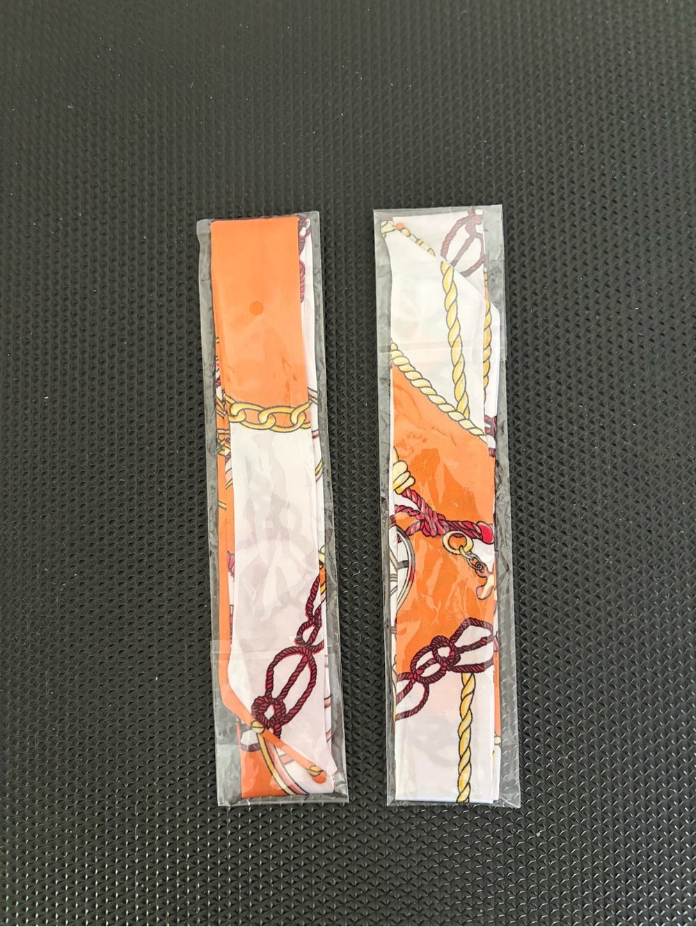 Silk-Feel Orange & White Chain Print Twilly Scarf